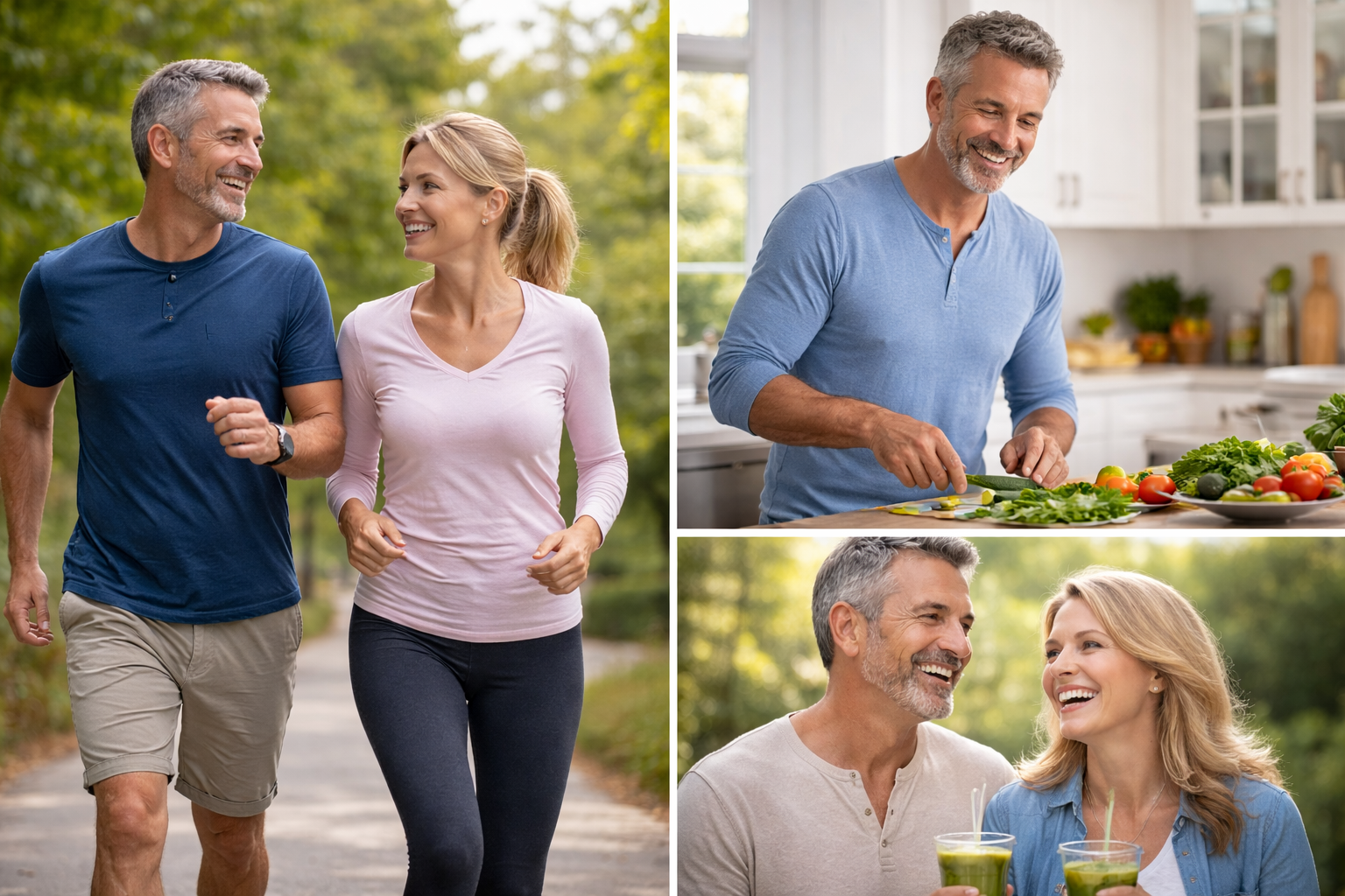 A couple walking, preparing healthy food, and sharing smoothies