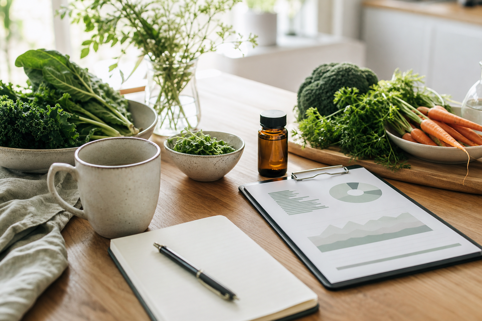 Functional nutrition planning with fresh vegetables, notes, and abstract wellness charts